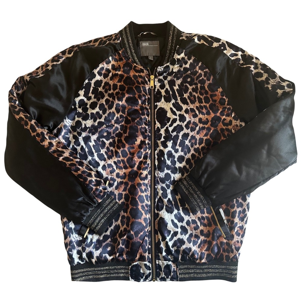 ASOS Leopard Print Bomber Jacket Black Gold Trim Full‎ Zip Size Small S Tucan